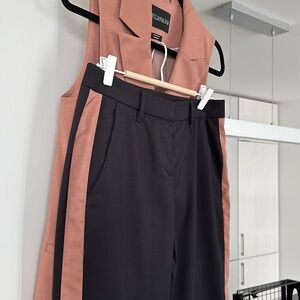 Double Breasted Sleeveless Blazer with Color Strip Matching Trousers